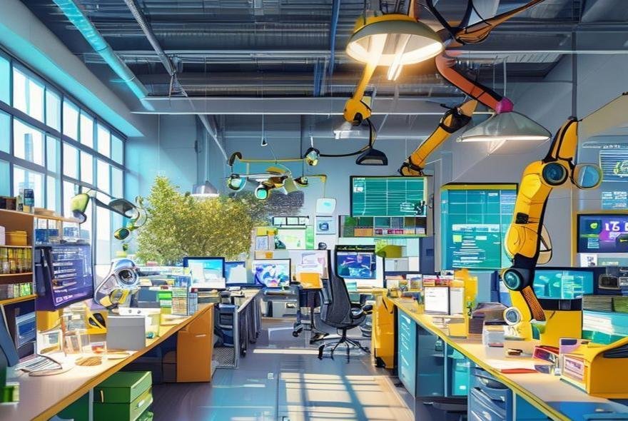 {"prompt":"A vibrant, photorealistic feature image for a blog about AI automations boosting productivity and teamwork in a cheerful modern workspace. The scene shows an inviting, wide-angle office landscape with various colorful tech gadgets operating harmoniously: connected robotic arms organizing supplies, smart screens sorting dashboards, and whimsical cleaning drones tidying up desk spaces. The environment emanates a sense of efficiency, freshness, and fun--reinforced by dynamic lighting, popping blues, greens, and yellows, and playful energy throughout. Absolutely no text, words, letters, signs, persons, characters, humans, animals, or writing anywhere in the image.","originalPrompt":"A vibrant, photorealistic feature image for a blog about AI automations boosting productivity and teamwork in a cheerful modern workspace. The scene shows an inviting, wide-angle office landscape with various colorful tech gadgets operating harmoniously: connected robotic arms organizing supplies, smart screens sorting dashboards, and whimsical cleaning drones tidying up desk spaces. The environment emanates a sense of efficiency, freshness, and fun--reinforced by dynamic lighting, popping blues, greens, and yellows, and playful energy throughout. Absolutely no text, words, letters, signs, persons, characters, humans, animals, or writing anywhere in the image.","width":1024,"height":1024,"seed":42,"model":"sana","enhance":false,"nologo":false,"negative_prompt":"undefined","nofeed":false,"safe":false,"quality":"medium","image":[],"transparent":false,"has_nsfw_concept":false,"concept":[],"trackingData":{"actualModel":"sana","usage":{"completionImageTokens":1,"totalTokenCount":1}}}